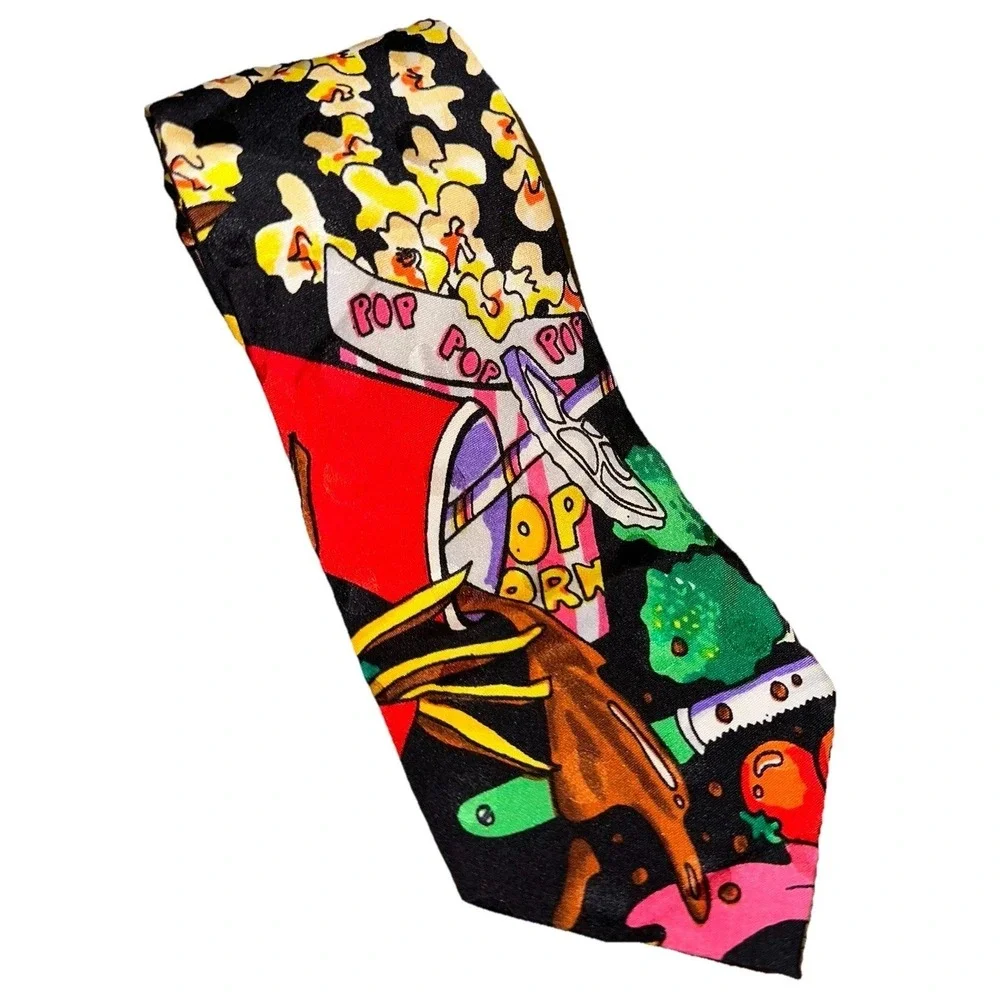 Vintage 1991 Nicole‎ Miller Designer Hand Sewn Silk Food Print Novelty Neck Tie